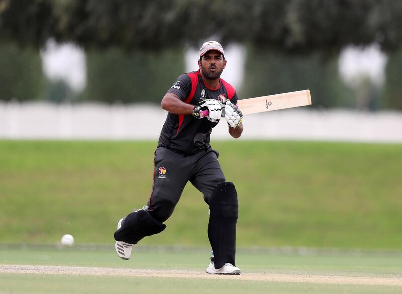 Dubai, United Arab Emirates - March 28, 2019: UAE's Muhammad Usman bats during the game between UAE and USA. Thursday the 28th of March 2019, The Sevens, Dubai. Chris Whiteoak / The National