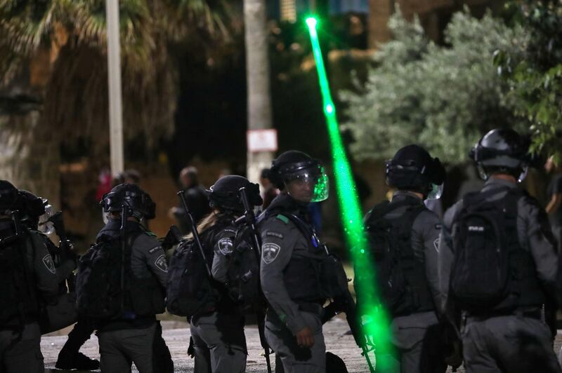 Israeli police gather during clashes with Palestinians near Al Aqsa Mosque, in Jerusalem’s Old City, on May 7, 2021, amid tension over the possible eviction of several Palestinian families from homes on land claimed by Jewish settlers in Sheikh Jarrah. Reuters