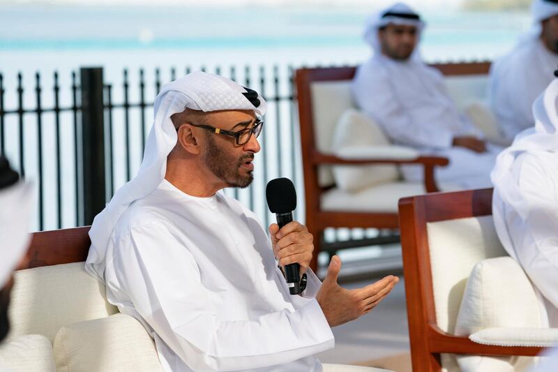 ABU DHABI, UNITED ARAB EMIRATES - March 16, 2020: HH Sheikh Mohamed bin Zayed Al Nahyan, Crown Prince of Abu Dhabi and Deputy Supreme Commander of the UAE Armed Forces (C), delivers a speech about the UAE’s Covid19 response, during a Sea Palace barza.

( Mohamed Al Hammadi / Ministry of Presidential Affairs )
---