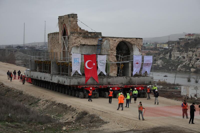 Er Rizk Mosque from the 15th century is transported from the ancient town of Hasankeyf by the Tigris river, which will be significantly submerged by the Ilisu dam, to the new Hasankeyf in southeastern Turkey.  Reuters