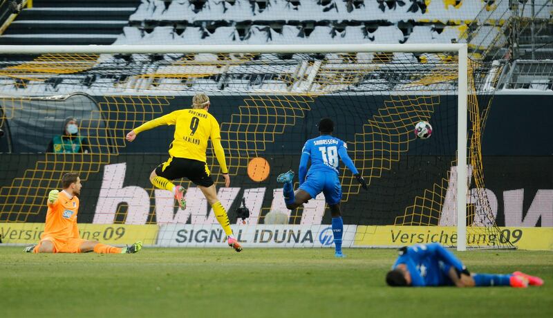 Borussia Dortmund's Erling Braut Haaland scores their second goal. Reuters