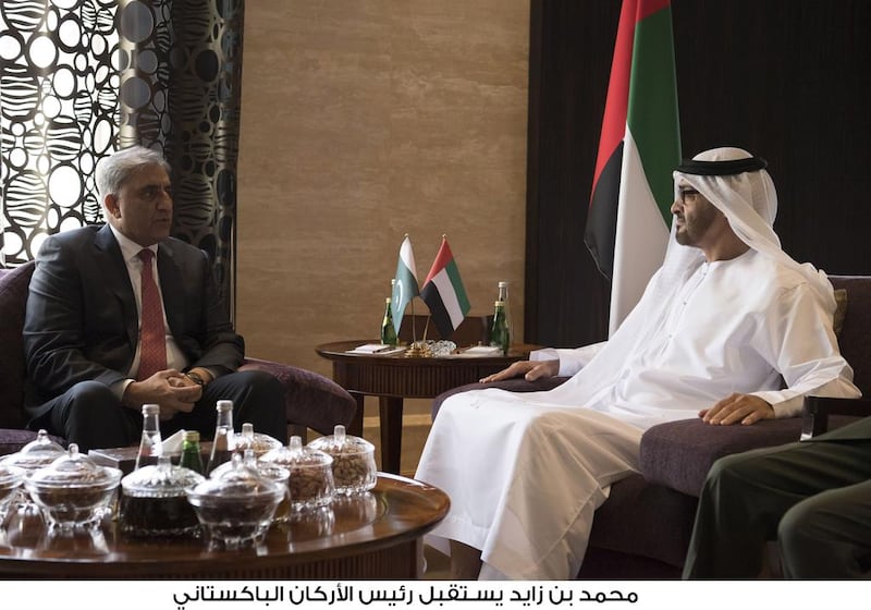 Sheikh Mohammed bin Zayed, Crown Prince of Abu Dhabi and Deputy Supreme Commander of the Armed Forces, meets General Qamar Javed Bajwa, Pakistan army chief of staff, at Al Shati Palace. Hamad Al Kaabi / Crown Prince Court - Abu Dhabi