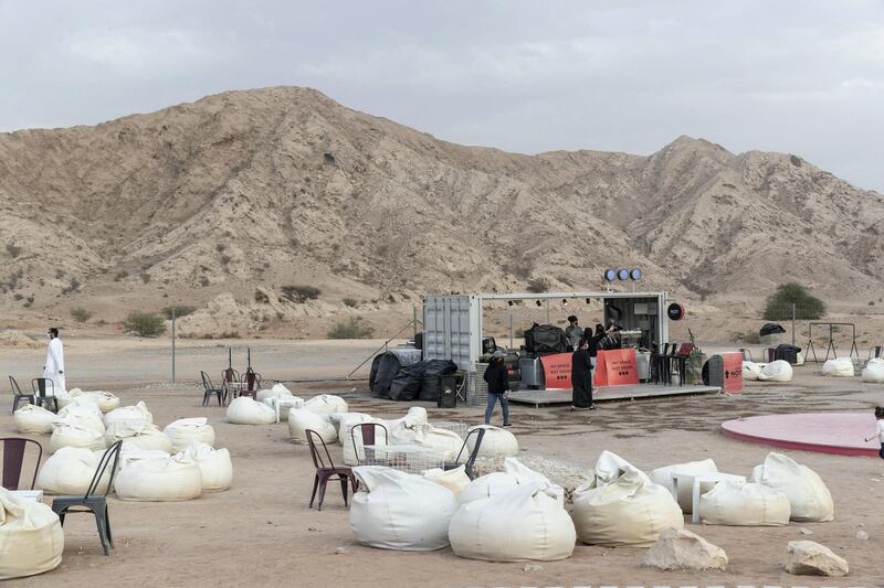 SHARJAH, UNITED ARAB EMIRATES. 21 FEBRUARY 2021. Not A Space is a cool new pop-up location in the Al Faya Desert of Sharjah where people can go to enjoy a coffee and a bite to eat. (Photo: Antonie Robertson/The National) Journalist: Hayley Skirka. Section: National.