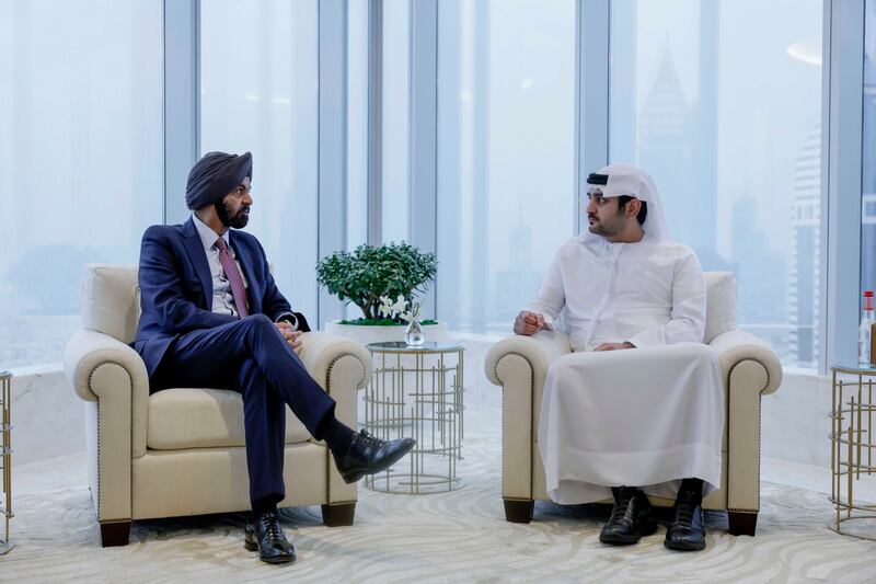 Sheikh Maktoum bin Mohammed, First Deputy Ruler of Dubai, Deputy Prime Minister and Minister of Finance and Ajay Banga, World Bank president, during their meeting. Photo: Dubai Media Office
