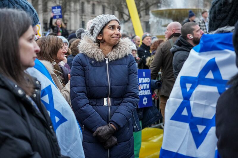 Former UK home secretary Suella Braverman stands in the crowd during a rally supporting Israel in Trafalgar Square, London. PA