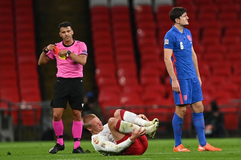 Harry Maguire – 2: Awful challenge on Poulsen saw him booked after just five minutes, then rightly shown a red on half-hour mark for needless sliding tackle on Dolberg. Manchester United centre-half having a miserable start to season for club and country. Confidence now shot to pieces. AFP