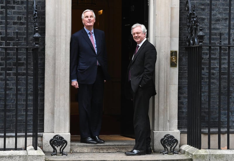 epa06498151 European Chief Negotiator for the United Kingdom Exiting the European Union, Michel Barnier (L) arrives to a meeting in 10 Downing Street with Britain's Secretary of State for Exiting the European Union David Davies (R) in London, Britain, 05 February 2018. Barnier is in London for another round of talks concerning Britains decision to leave the EU, dubbed Brexit.  EPA/FACUNDO ARRIZABALAGA
