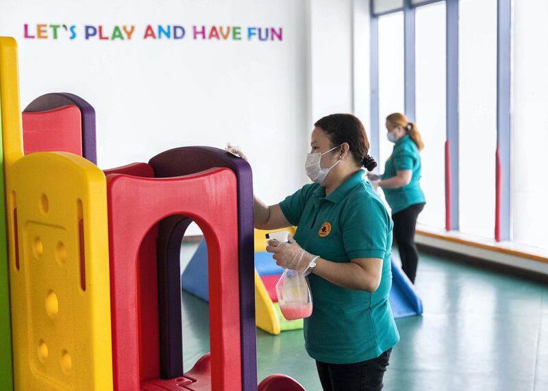 DUBAI, UNITED ARAB EMIRATES.12  OCTOBER 2020. 
British Orchard Nursery staff sanitize the toys regularly. (Photo: Reem Mohammed/The National)

Reporter:
Section: