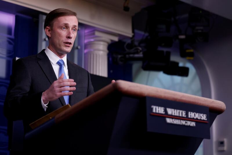 FILE PHOTO: White House National Security Advisor Jake Sullivan delivers remarks during a press briefing inside the White House in Washington, U.S., February 4, 2021. REUTERS/Tom Brenner/File Photo