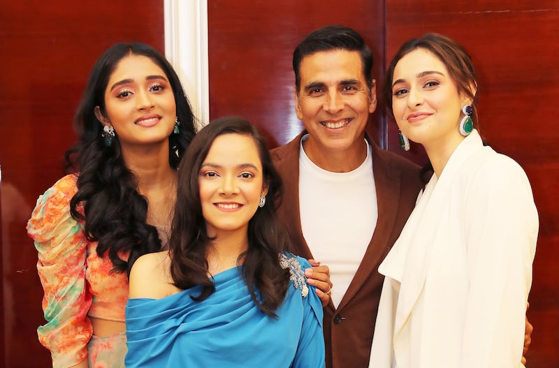 From left, the cast of Bollywood film 'Raksha Bandhan', Smrithi Srikanth, Sahejmeen Kaur, Akshay Kumar and Sadia Khateeb, during an interview in Dubai. Pawan Singh / The National 