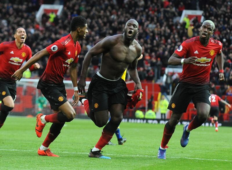epa07408913 Manchester United���s Romelu Lukaku (C) celebrates after scoring his second goal and his side third goal during the English Premier League soccer match between Manchester United and Southampton at Old Trafford in Manchester, Britain, Saturday 2 March 2019.  EPA/Rui Vieira EDITORIAL USE ONLY. No use with unauthorized audio, video, data, fixture lists, club/league logos or 'live' services. Online in-match use limited to 120 images, no video emulation. No use in betting, games or single club/league/player publications