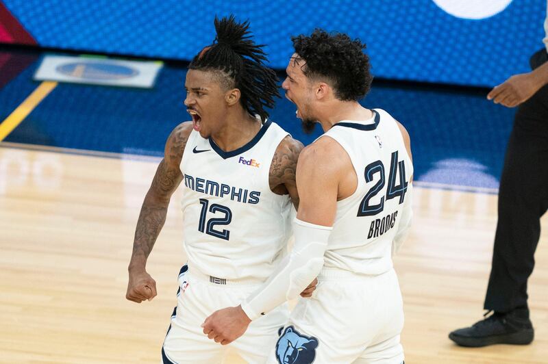 May 21, 2021; San Francisco, CA, USA; Memphis Grizzlies guard Ja Morant (12) and forward Dillon Brooks (24) celebrate against the Golden State Warriors during overtime at Chase Center. Mandatory Credit: Kyle Terada-USA TODAY Sports