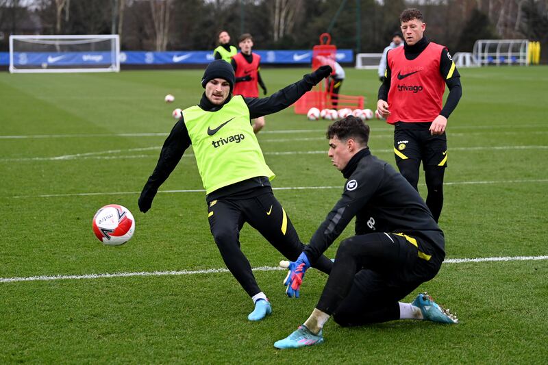 Timo Werner, Kepa Arrizabalaga and Ross Barkley of Chelsea during a training session at Chelsea Training Ground in Cobham, England. 