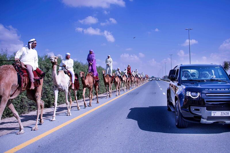 Sheikh Mohammed bin Rashid, Vice President and Ruler of Dubai, meeting camel trekkers in Dubai