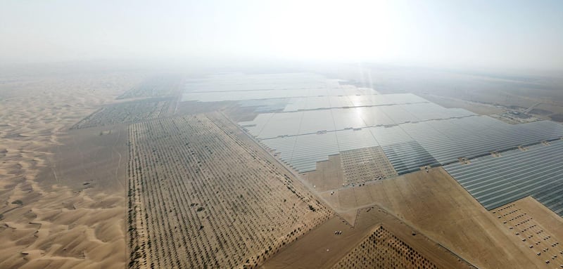An aerial image of Noor solar park near Sweihan, Abu Dhabi. The array of 3.2 million panels make it the largest single-site solar site in the world. Courtesy: Noor Abu Dhabi