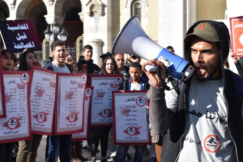 Members of Manich m’samich protesting in Tunis on Saturday. Gareth Browne for The National