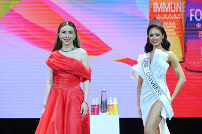 JKN Global Group chief executive Anne Jakapong Jakrajutatip and Miss Universe 2022 R'Bonney Gabriel at the launch of Miss Universe Beverage in Bangkok. Photo: Miss Universe Organisation