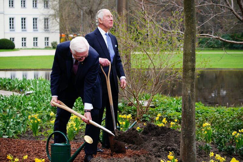 King Charles and Mr Steinmeier plant a tree after attending a Green Energy reception at Bellevue Palace, Berlin. PA