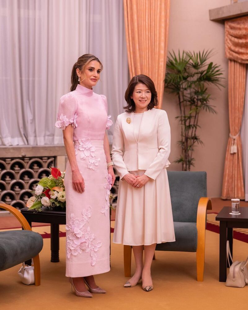 Queen Rania wore a custom powder pink pencil dress by Zimmermann