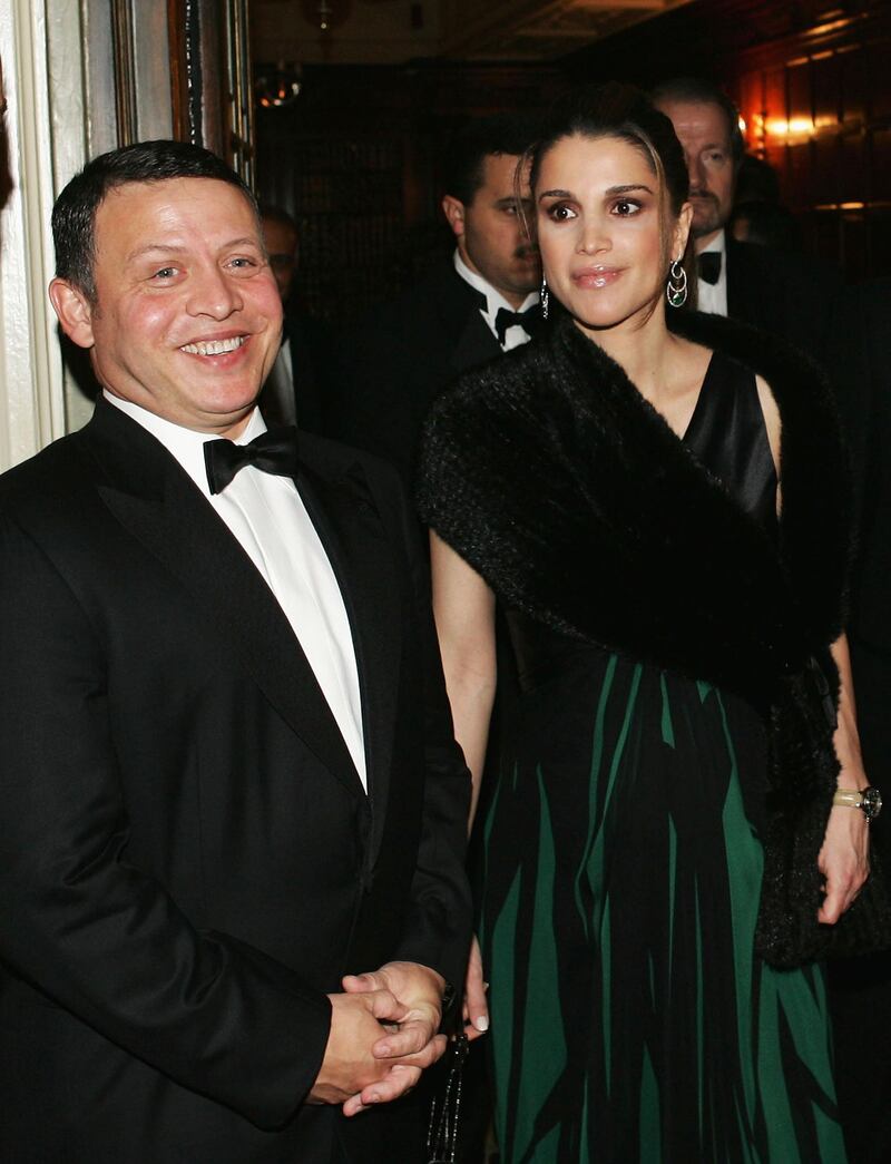 LONDON - NOVEMBER 23:  King Abdullah and Queen Rania of Jordan attend the Foreign Press Association annual awards November 23, 2004 in central London, England. The annual ceremony rewards excellence in foreign reporting and other areas of serious journalism, both print and broadcast.  (Photo by Graeme Robertson/Getty Images)