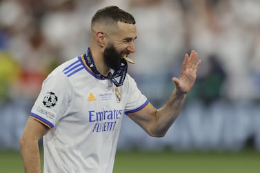 Karim Benzema of Real celebrates after winning the UEFA Champions League final between Liverpool FC and Real Madrid at Stade de France in Saint-Denis, near Paris, France, 28 May 2022.   EPA / RONALD WITTEK