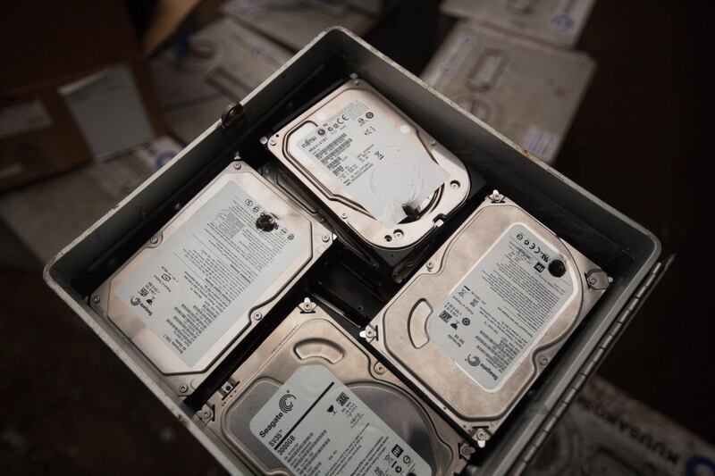 Recycled computer hard drives to be used for gold material salvage sit in containers at the Petromax JSC waste recycling complex, operated by Kuusakoski Group Oy, in Lobnya, outside Moscow, Russia, on Thursday, Jan. 23, 2020. Moscow and its surrounding region generate 17% of Russia’s annual 70 million tons of household rubbish. Photographer: Andrey Rudakov/Bloomberg