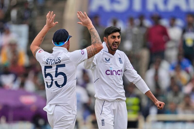 England's Shoaib Bashir, right, celebrates the wicket of India's Rajat Patidar on the second day of the fourth Test in Ranchi on Saturday, February 24, 2024. AP