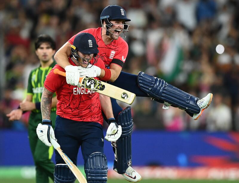 Ben Stokes and Liam Livingstone of England celebrate victory in the ICC Men's T20 World Cup Final against Pakistan at the Melbourne Cricket Ground on November 13, 2022. Getty