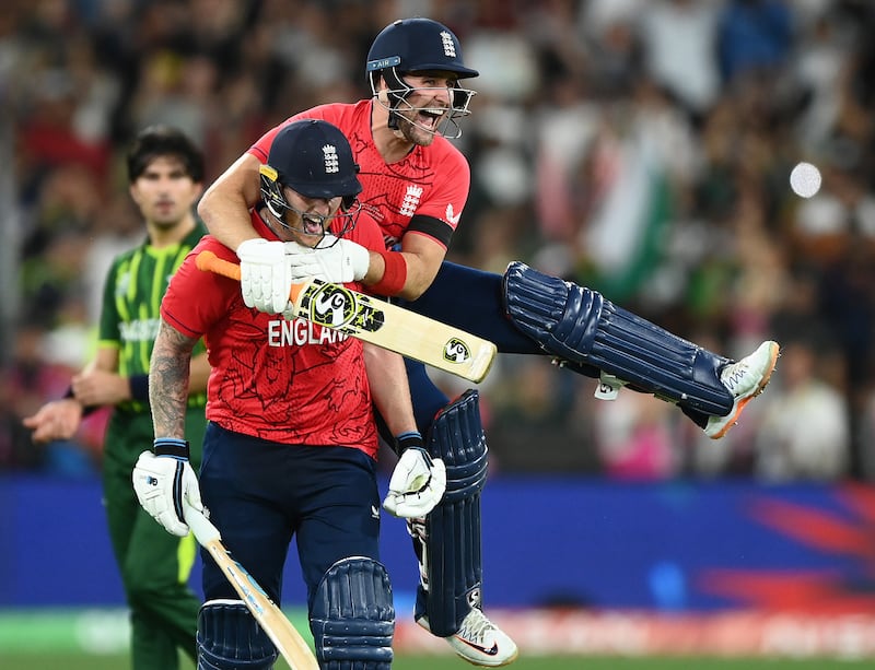 Ben Stokes and Liam Livingstone of England celebrate victory in the ICC Men's T20 World Cup Final against Pakistan at the Melbourne Cricket Ground on November 13, 2022. Getty