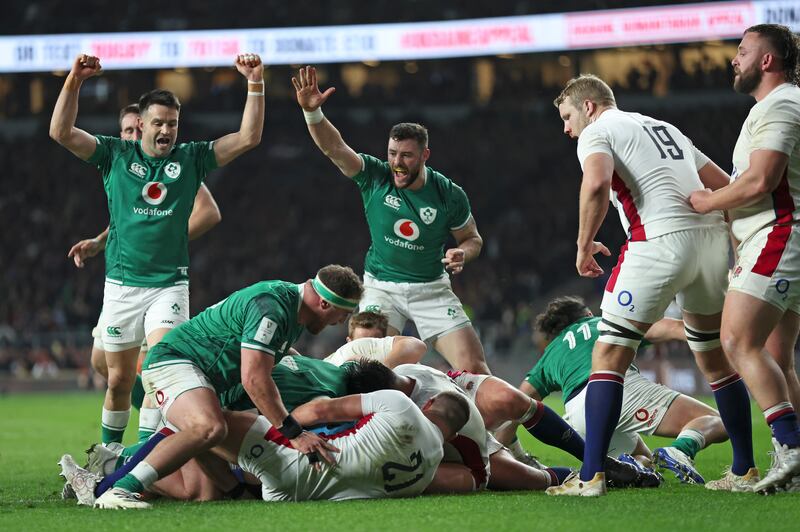 Ireland players celebrate after Finlay Bealham scored the fourth try. AP