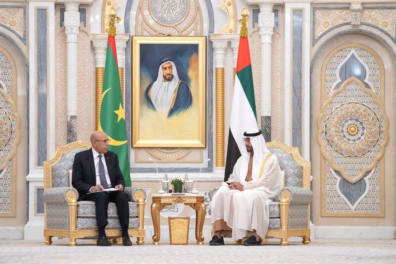 ABU DHABI, UNITED ARAB EMIRATES - February 02, 2020: HH Sheikh Mohamed bin Zayed Al Nahyan, Crown Prince of Abu Dhabi and Deputy Supreme Commander of the UAE Armed Forces (R), meets with HE Mohamed Ould Ghazouani, President of Mauritania (L), during an official visit at Qasr Al Watan. 

( Hamad Al Kaabi  / Ministry of Presidential Affairs )
---