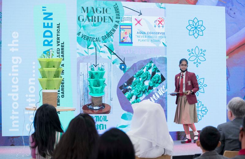 Sreya Binesh from Gems Millennium School in Sharjah presents her innovative ideas at the NextGen10 finals at Expo 2020 Dubai. All photos: Ruel Pableo for The National