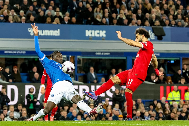 Mohamed Salah takes a shot on goal during the Premier League match at Goodison Park. EPA