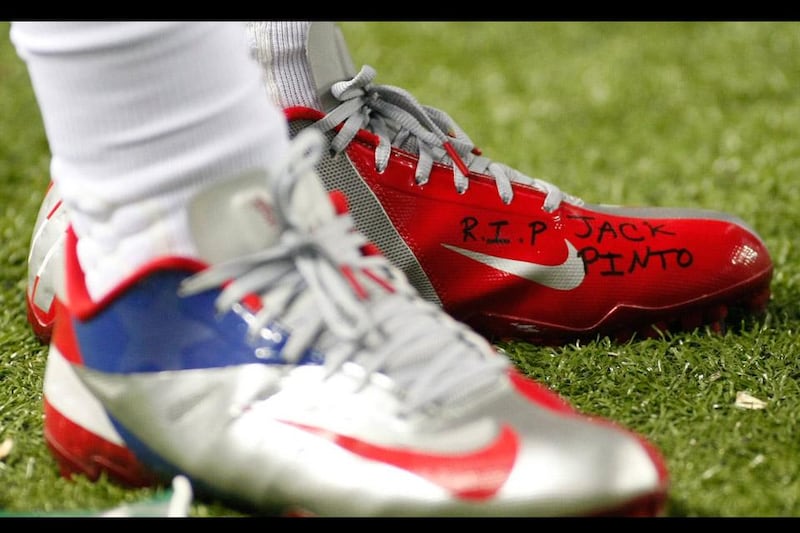 The shoe of New York Giants wide receiver Victor Cruz bears the words R.I.P. Jack Pinto in memory of one of the children killed in the Sandy Hook Elementary School shootings in Newtown, Connecticut. Tami Chappell / Reuters