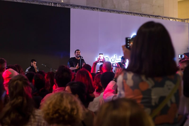 Abu Dhabi, United Arab Emirates- Mashrou Leila performing at Hay Festival at Atrium, Manaarat Saadiyat.  Leslie Pableo for The National