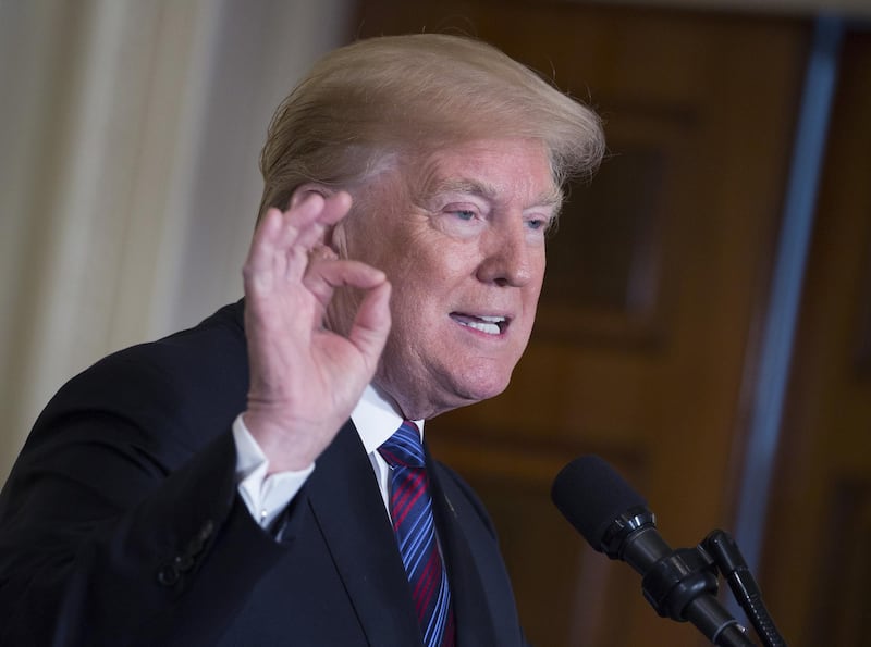 U.S. President Donald Trump speaks during a press conference with Baltic leaders in the East Room of the White House in Washington, D.C., U.S., on Tuesday, April 3, 2018. Trump says the U.S. will expand exports of LNG to Baltic region and will hold a summit with the Baltic presidents of Lithuania, Latvia, and Estonia to discuss ways to expand economic opportunities. Photographer: Chris Kleponis/Pool via Bloomberg