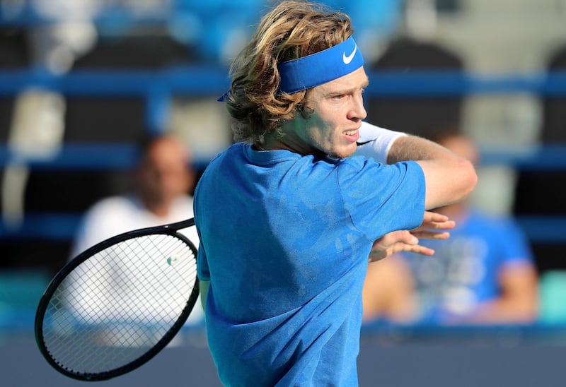 Abu Dhabi, United Arab Emirates - Reporter: Jon Turner: Andrey Rublev hits a shot during the fifth place play-off between Andrey Rublev v Hyeon Chung at the Mubadala World Tennis Championship. Friday, December 20th, 2019. Zayed Sports City, Abu Dhabi. Chris Whiteoak / The National