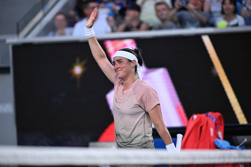 Ons Jabeur celebrates after her victory against Yuliia Starodubtseva in the first round of the Australian Open in Melbourne on January 15, 2024. AFP
