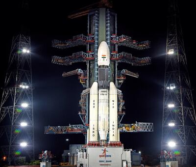 epa07717987 A handout photo made available by the Indian Space Research Organisation (ISRO) shows Indian Space Research Organisation (ISRO) orbiter vehicle  'Chandrayaan-2', India's first moon lander and rover mission planned and developed by the ISRO GSLV MKIII-M1 second launch pad at the Satish Dhawan Space Centre in Sriharikota, in the Southern Indian state of Tamil Nadu, India, 14 July 2019. The mission to the moon, that was getting ready for lift on 15 July 2019 from Sriharikota using the country's most powerful rocket Geosynchronous satellite Launch Vehicle (GSLV) Mark III, has been called off for today due to a 'technical snag', ISRO announced.  EPA/ISRO HANDOUT PHOTOGRAPHS HANDOUT  HANDOUT EDITORIAL USE ONLY/NO SALES
