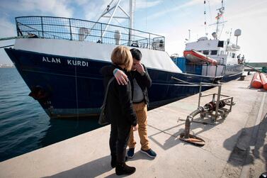 Abdullah Kurdi and his siter Tima react in front of a Sea-Eye rescue boat named after his son and her nephew Alan Kurdi during its inauguration in Palma de Mallorca on February 10, 2019. AFP