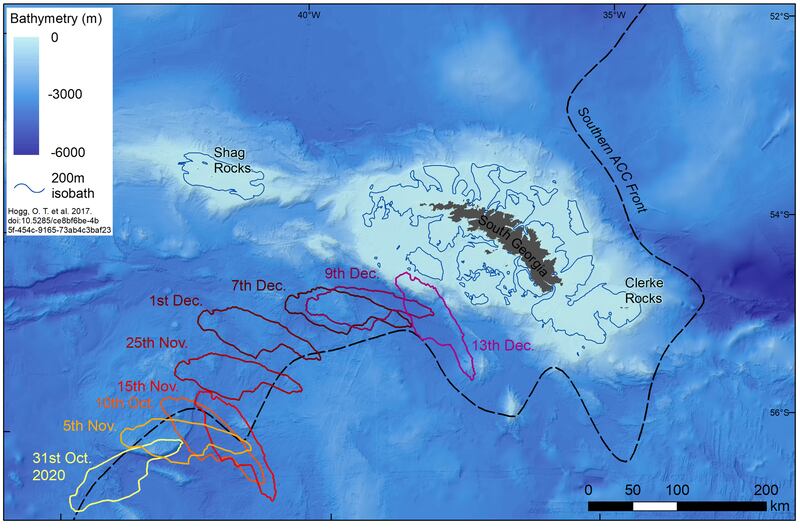 A graphic showing the route of the iceberg over the last few weeks. British Antarctic Survey