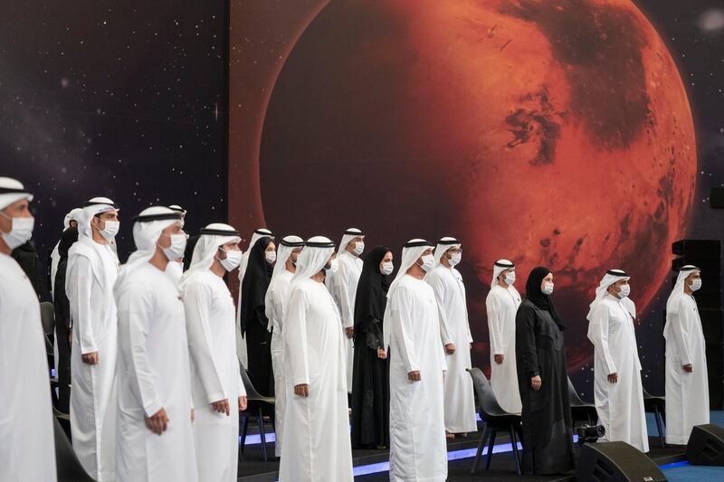 ABU DHABI, UNITED ARAB EMIRATES - July 31, 2020: HH Sheikh Mohamed bin Zayed Al Nahyan, Crown Prince of Abu Dhabi and Deputy Supreme Commander of the UAE Armed Forces front (front row 5th L), HH Sheikh Mohamed bin Rashid Al Maktoum, Vice-President, Prime Minister of the UAE, Ruler of Dubai and Minister of Defence (front row 4th L) and HH Sheikh Hamdan bin Mohamed Al Maktoum, Crown Prince of Dubai (front row 3rd L), stand for a photograph with the Hope Probe team, during an honoring ceremony, at Qasr Al Watan.

( Hamad Al Kaabi / Ministry of Presidential Affairs )​
---