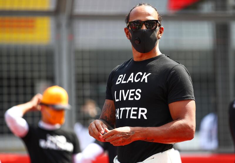 Mercedes' British driver Lewis Hamilton wearing anti-racism t-shirt on the grid to support the Black Lives Matters movement. EPA