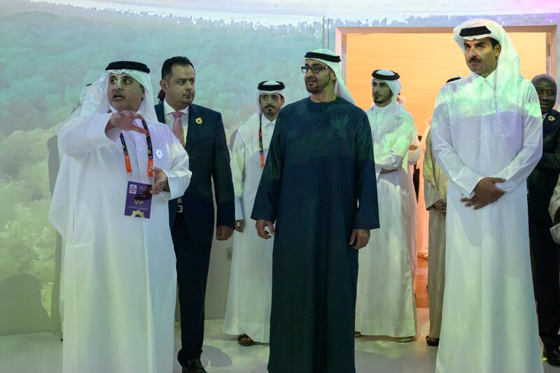 Sheikh Mohamed, accompanied by Sheikh Tamim, toured pavilions throughout the exhibition, which spans an area of 1.7 million square metres.