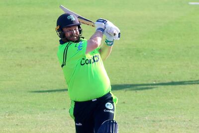 Paul Stirling of Ireland plays a shot during the T20 World Cup qualifier against the UAE in Muscat, Oman, on February 18, 2022. Subas Humagain for The National