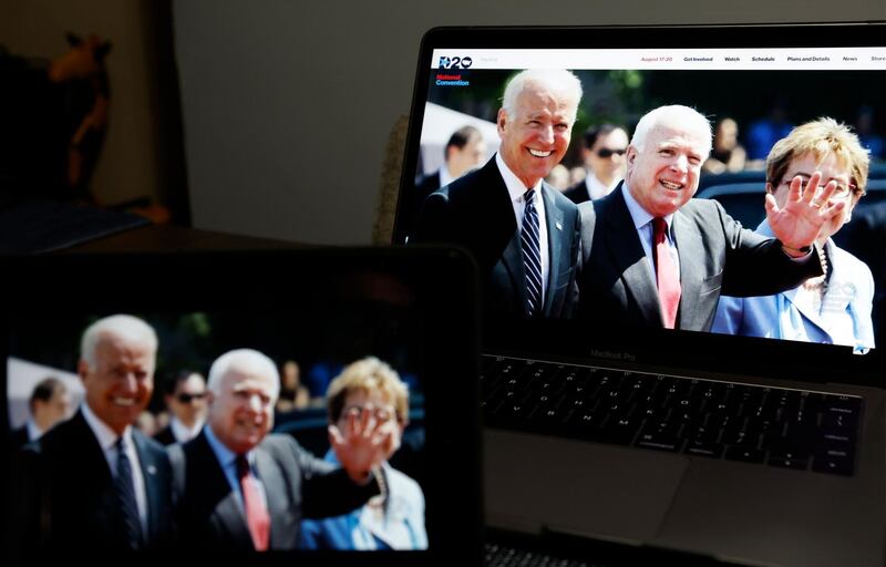 Former United States Senator John McCain of Arizona and Democratic presidential nominee Joe Biden are displayed on a computer during a friendship video for the virtual Democratic National Convention, in New York City.  EPA