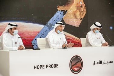 DUBAI, UNITED ARAB EMIRATES. 20 JULY 2020. Post launch briefing of the Hope Probe to Mars at the Mohammed Bin Rashid Space Center. LtoR: Hamad Obaid Al Mansouri, the Chairman of the Mohammed bin Rashid Space Centre (MBRSC), H.E. Dr. Ahmad Belhoul Al Falasi, Minister of State for Entrepreneurship and Small and Medium Enterprises and Omran Sharaf, Project Manager of Emirates Mars Mission, Hope Probe (Photo: Antonie Robertson/The National) Journalist: Sarwat. Section: National.