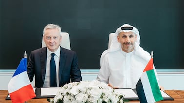Khaldoon Al Mubarak, member of the Abu Dhabi Artificial Intelligence and Advanced Technology Council and group chief executive of Mubadala, and French Minister of Economy Bruno Le Maire at the signing. Photo: Abu Dhabi Media Office