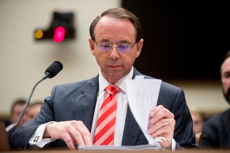 FILE - In this June 28, 2018, file photo, Deputy Attorney General Rod Rosenstein appears before a House Judiciary Committee hearing on Capitol Hill in Washington. A group of 11 House Republicans have introduced articles of impeachment against Rosenstein, who oversees special counsel Robert Muellerâ€™s investigation into Russian election interference and President Donald Trumpâ€™s 2016 campaign. (AP Photo/Andrew Harnik, File)