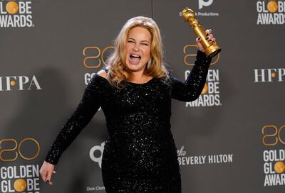 Jennifer Coolidge with the award for best performance by an actress in a supporting role in a limited series, anthology series or motion picture made for television for The White Lotus: Sicily. AP